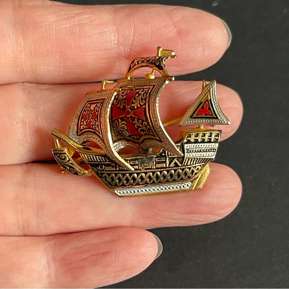 Vintage Spanish Damascene Gold Tone & Red Enamel … - image 3